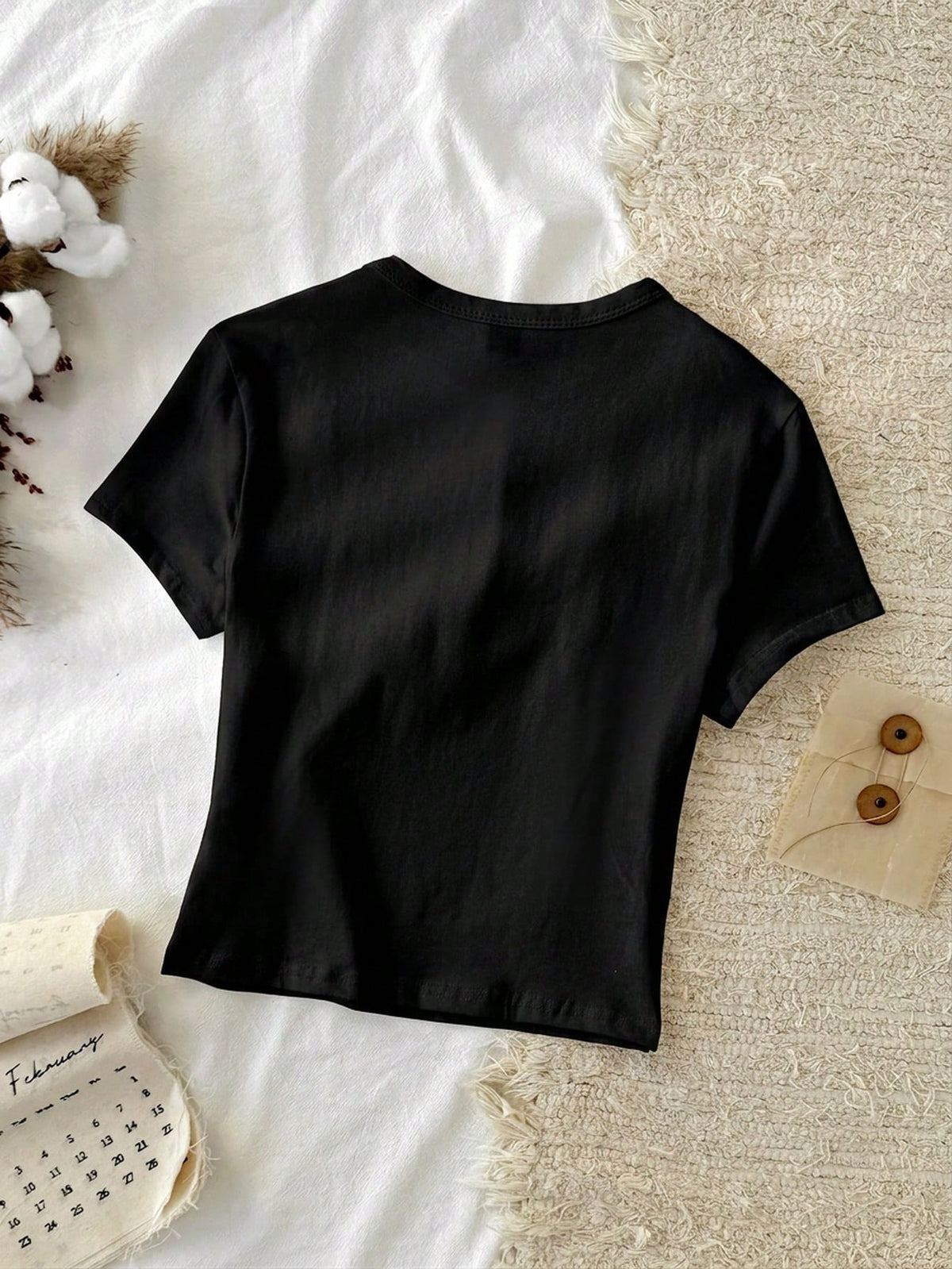 Tseoso 1pc Solid Form Fitted Tee, 95% Cotton With Cherry Blossom Embroidery,Summer Top
