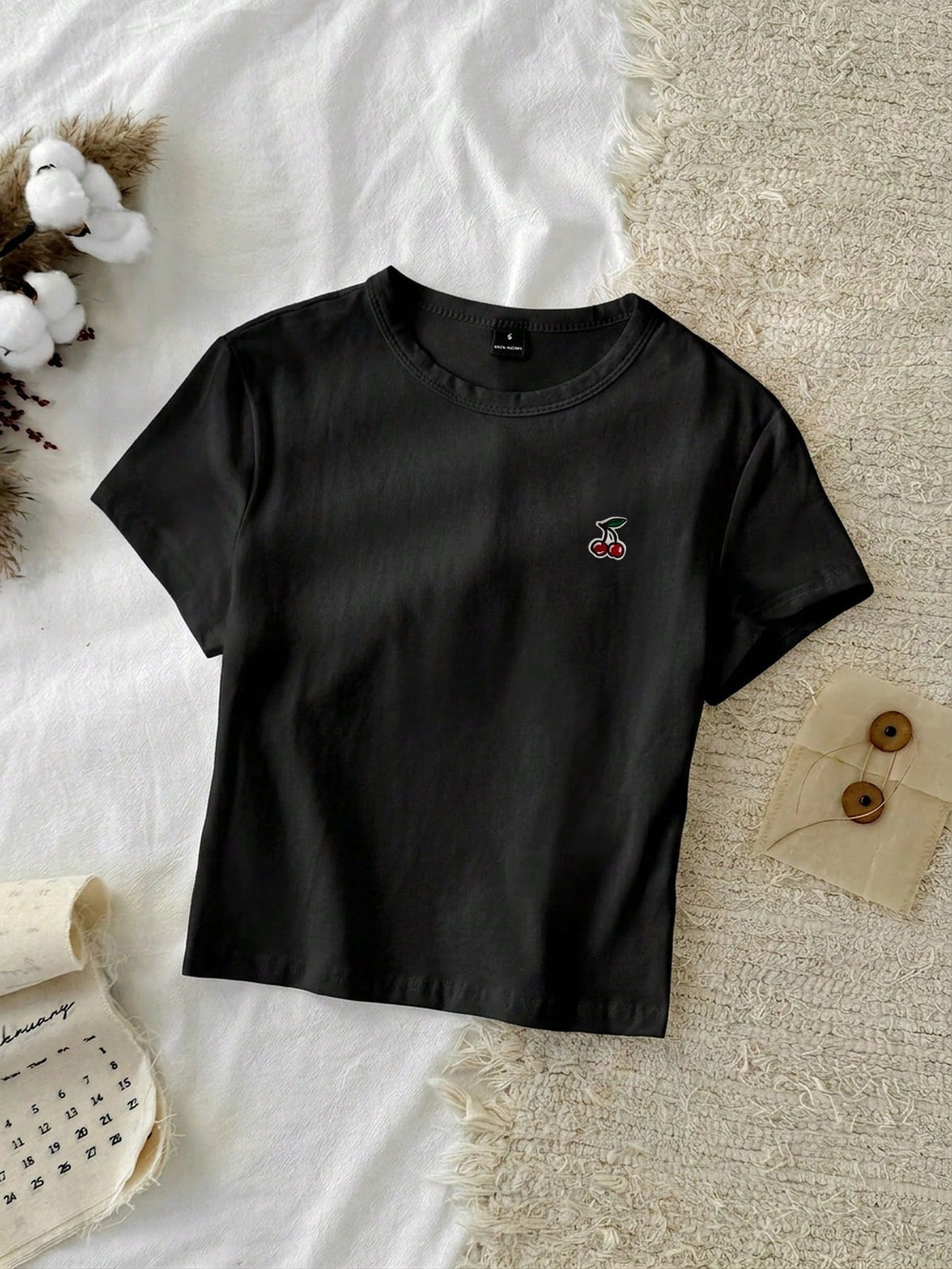 Tseoso 1pc Solid Form Fitted Tee, 95% Cotton With Cherry Blossom Embroidery,Summer Top