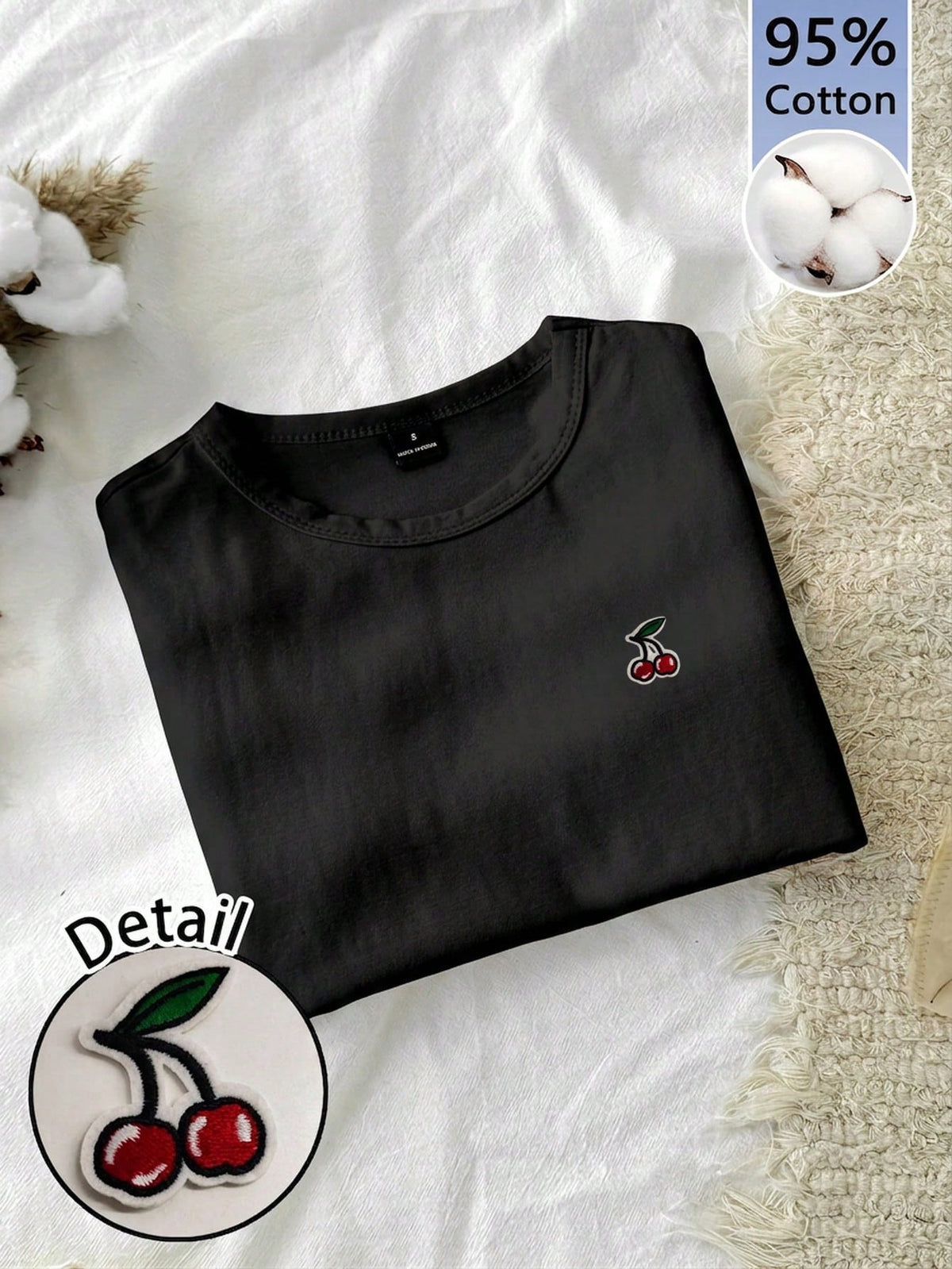 Tseoso 1pc Solid Form Fitted Tee, 95% Cotton With Cherry Blossom Embroidery,Summer Top