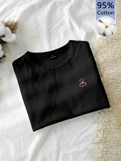 Tseoso 1pc Solid Form Fitted Tee, 95% Cotton With Cherry Blossom Embroidery,Summer Top