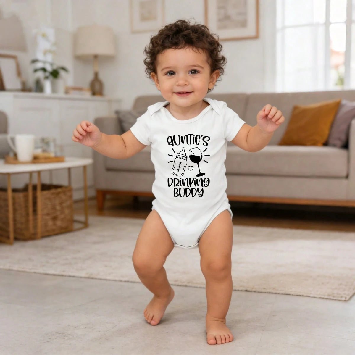 Ultra-Soft Auntie's Drinking Buddy Bottle Wine Print Short-Sleeve Bodysuit, Fashionable Design Baby Set Baby Clothes Comfortable And Snug Fit, Highly Stretchable, Machine Washable, Perfect For Outdoo