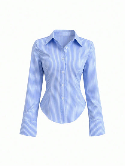 Unity Spring/Summer/Autumn Casual Striped Waist-Cinching Long Sleeve Shirt,Long Sleeve Tops Fall Cloth For Women