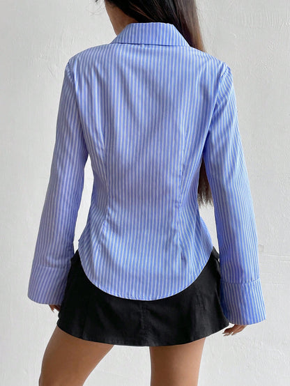 Unity Spring/Summer/Autumn Casual Striped Waist-Cinching Long Sleeve Shirt,Long Sleeve Tops Fall Cloth For Women