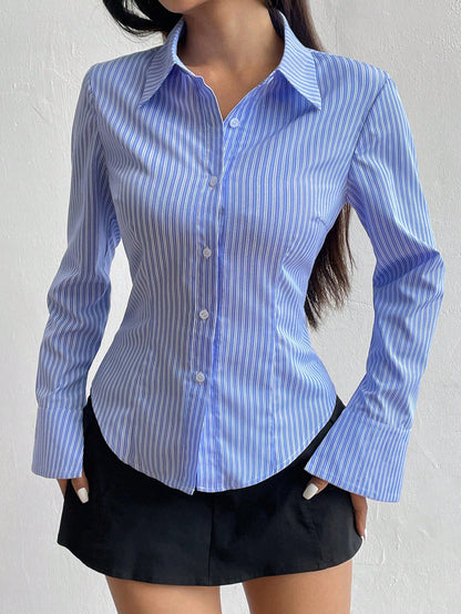 Unity Spring/Summer/Autumn Casual Striped Waist-Cinching Long Sleeve Shirt,Long Sleeve Tops Fall Cloth For Women