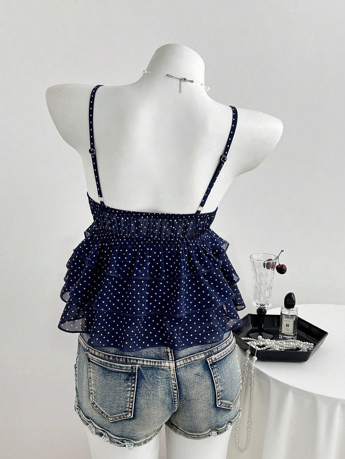 Unity Women's Navy Blue Polka Dot Camisole Top,Square Neck Ruffle Hem Sleeveless Summer Cute Tops,Vintage Everyday Casual Vacation Beach Tops For Ladies