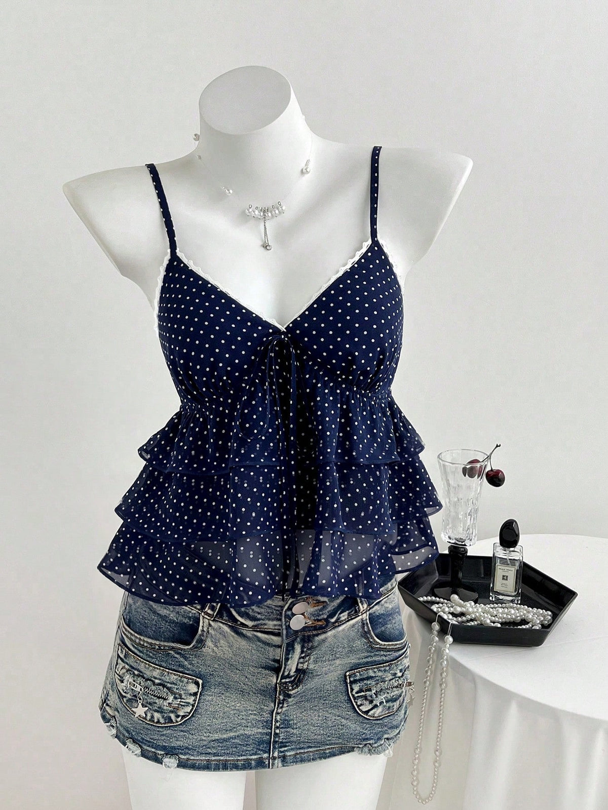 Unity Women's Navy Blue Polka Dot Camisole Top,Square Neck Ruffle Hem Sleeveless Summer Cute Tops,Vintage Everyday Casual Vacation Beach Tops For Ladies