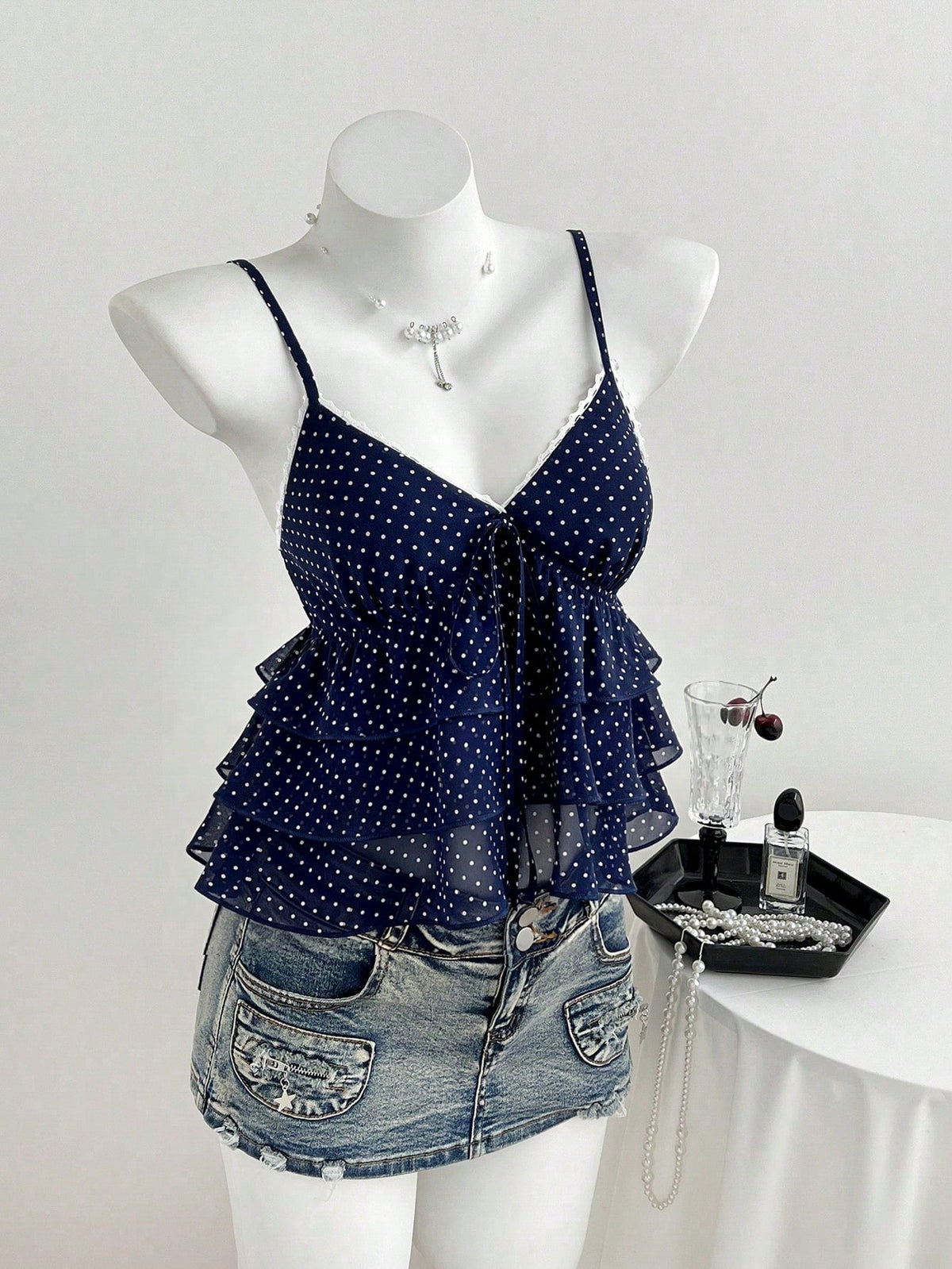 Unity Women's Navy Blue Polka Dot Camisole Top,Square Neck Ruffle Hem Sleeveless Summer Cute Tops,Vintage Everyday Casual Vacation Beach Tops For Ladies