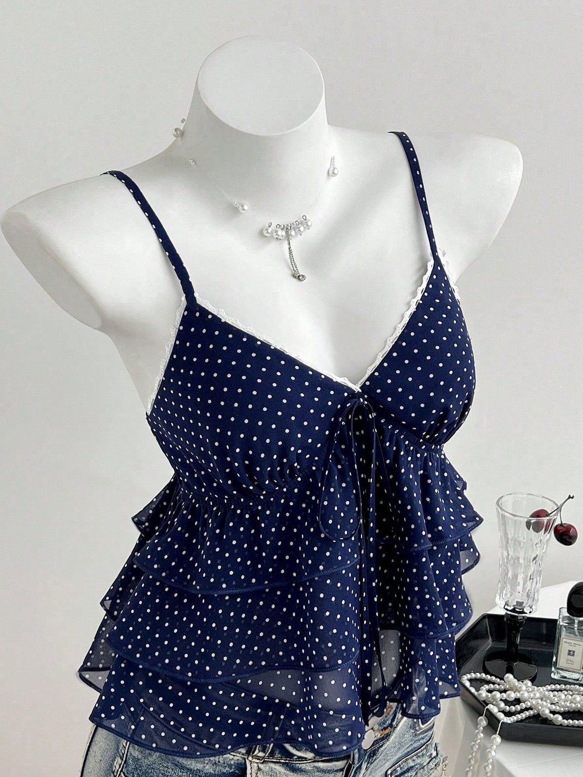 Unity Women's Navy Blue Polka Dot Camisole Top,Square Neck Ruffle Hem Sleeveless Summer Cute Tops,Vintage Everyday Casual Vacation Beach Tops For Ladies
