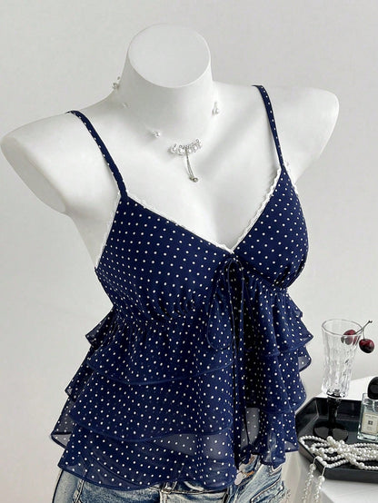 Unity Women's Navy Blue Polka Dot Camisole Top,Square Neck Ruffle Hem Sleeveless Summer Cute Tops,Vintage Everyday Casual Vacation Beach Tops For Ladies