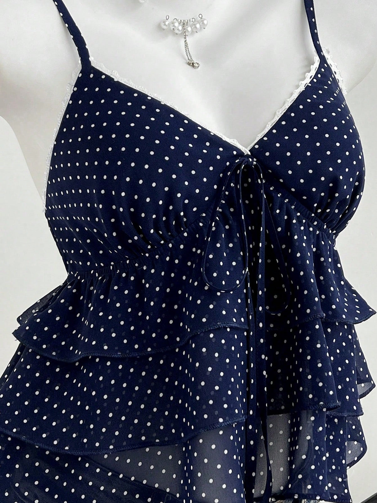 Unity Women's Navy Blue Polka Dot Camisole Top,Square Neck Ruffle Hem Sleeveless Summer Cute Tops,Vintage Everyday Casual Vacation Beach Tops For Ladies