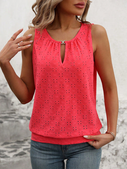 Vaclyn Women's Burnout Embroidery Lock Hole Collar Tank Top