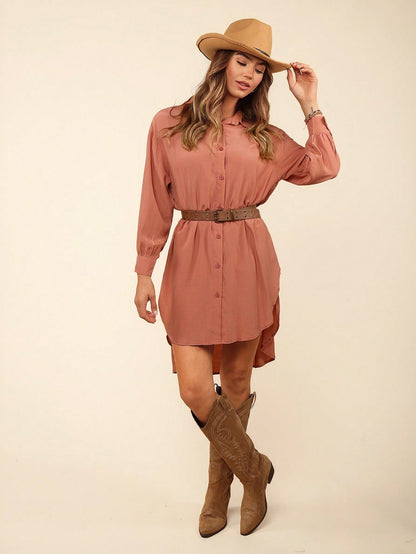 VCAY Solid Button Front High Low Hem Shirt