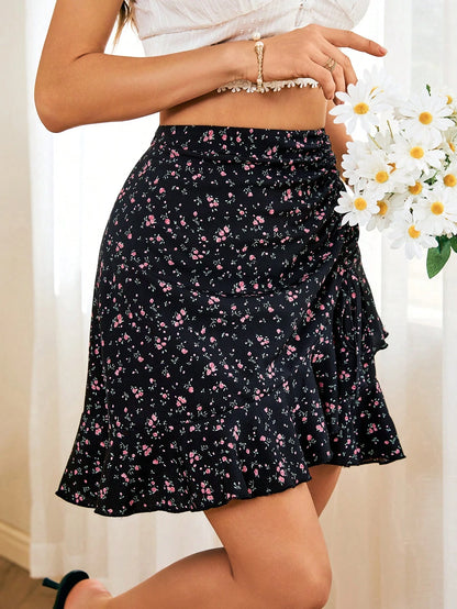 VCAY Women's Summer Ditsy Floral Ruffle Hem Drawstring Waist Casual Romantic Boho Beach Vacation Mini Skirt Black And Pink