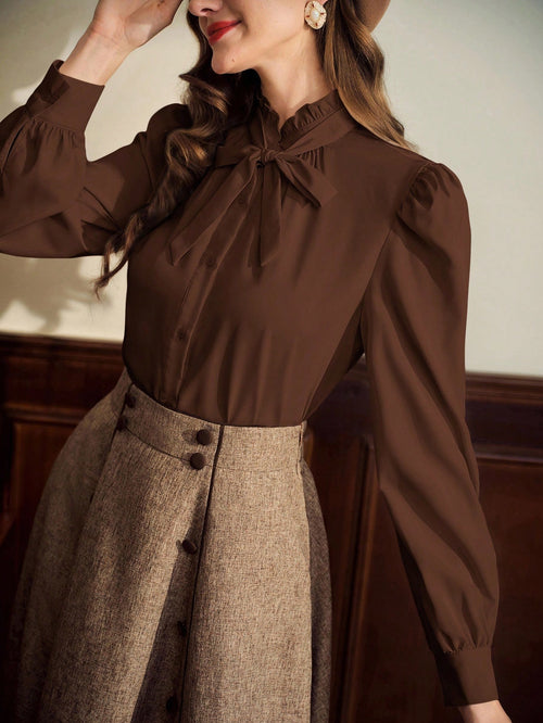 Vintamour Coffee Brown Elegant Women's Blouse,Autumn Vintage Ruffle Collar Shirt With Bow Tie Cuff And Gathered Details,Tea Party Casual Office Work Tops