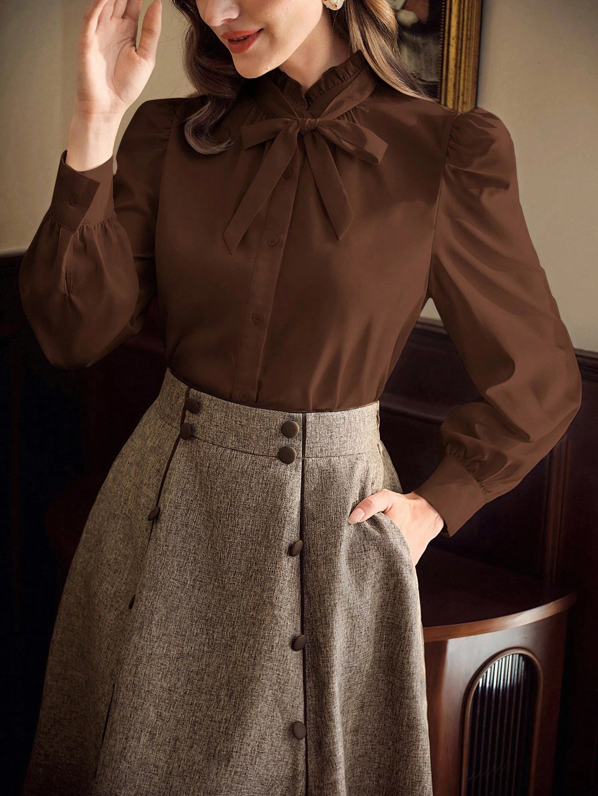 Vintamour Coffee Brown Elegant Women's Blouse,Autumn Vintage Ruffle Collar Shirt With Bow Tie Cuff And Gathered Details,Tea Party Casual Office Work Tops