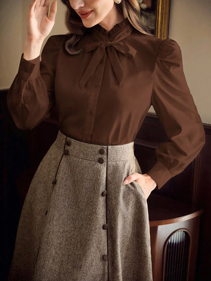 Vintamour Coffee Brown Elegant Women's Blouse,Autumn Vintage Ruffle Collar Shirt With Bow Tie Cuff And Gathered Details,Tea Party Casual Office Work Tops