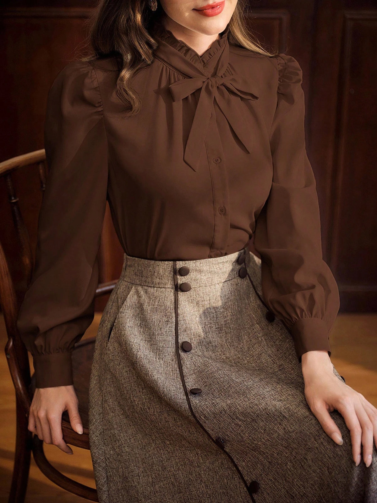 Vintamour Coffee Brown Elegant Women's Blouse,Autumn Vintage Ruffle Collar Shirt With Bow Tie Cuff And Gathered Details,Tea Party Casual Office Work Tops
