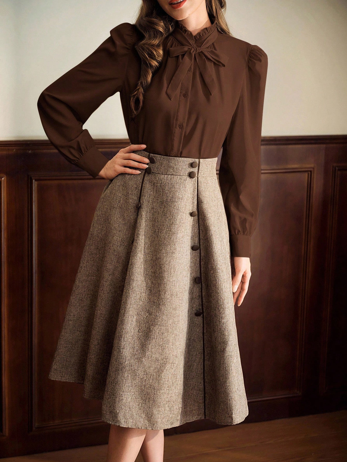 Vintamour Coffee Brown Elegant Women's Blouse,Autumn Vintage Ruffle Collar Shirt With Bow Tie Cuff And Gathered Details,Tea Party Casual Office Work Tops