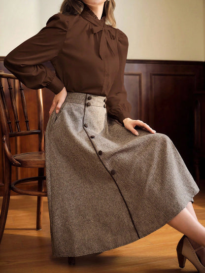 Vintamour Coffee Brown Elegant Women's Blouse,Autumn Vintage Ruffle Collar Shirt With Bow Tie Cuff And Gathered Details,Tea Party Casual Office Work Tops