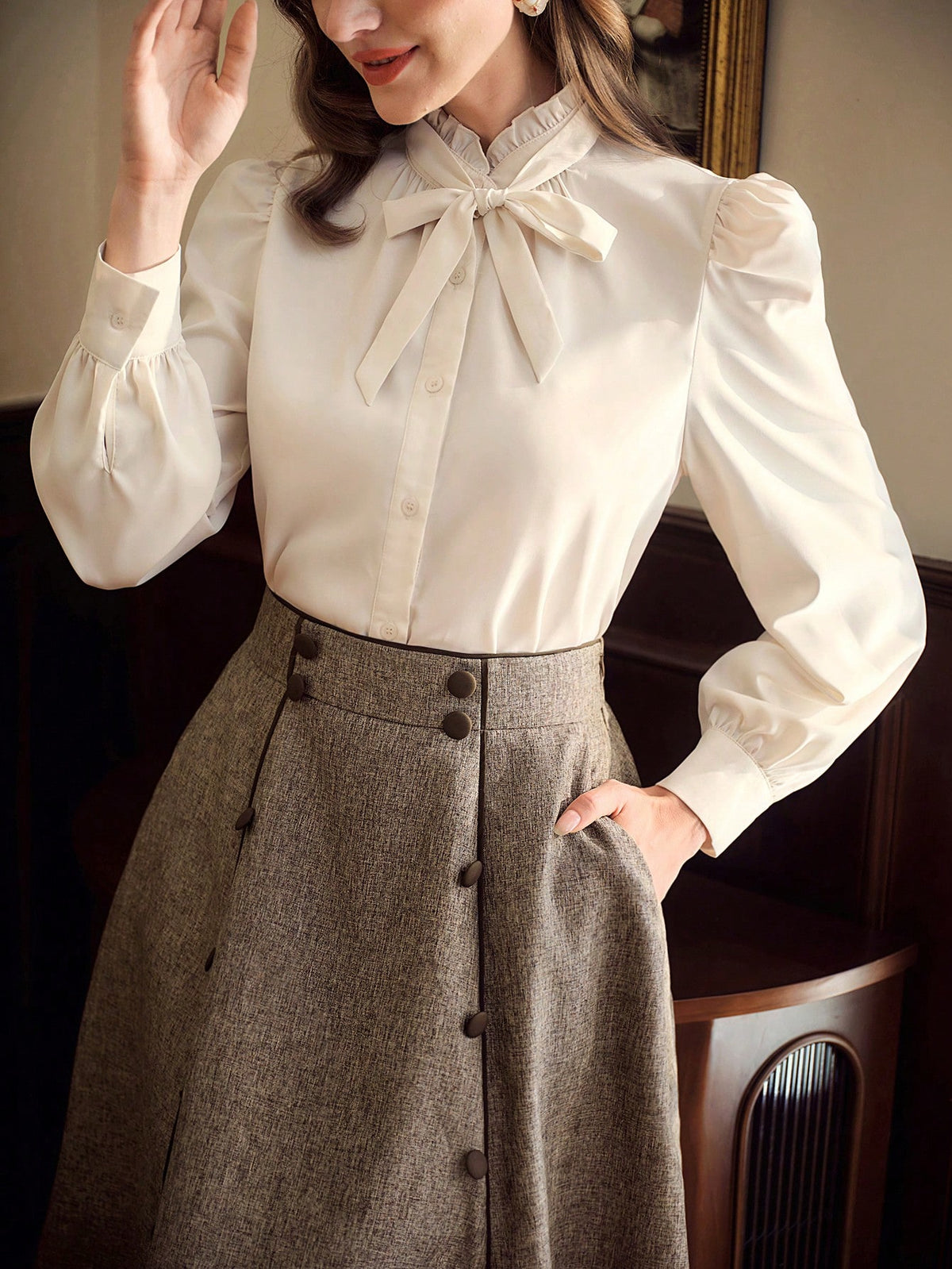 Vintamour Coffee Brown Elegant Women's Blouse,Autumn Vintage Ruffle Collar Shirt With Bow Tie Cuff And Gathered Details,Tea Party Casual Office Work Tops