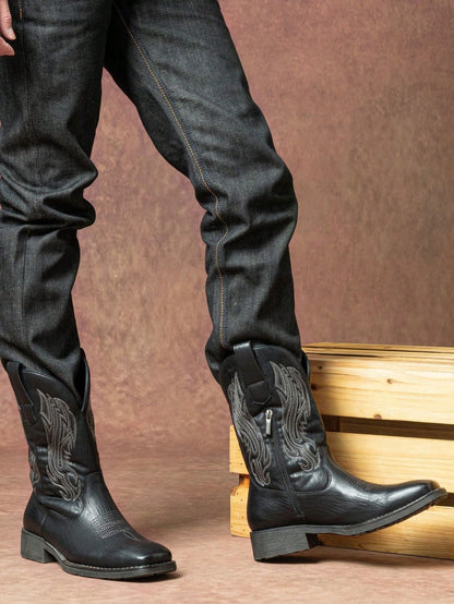 VOSTEY SHOESMORE Men's Black Cowboy Boots Retro Square Toe Boots Botas Vaqueras Para Hombre Embroidery Western Boots For Men
