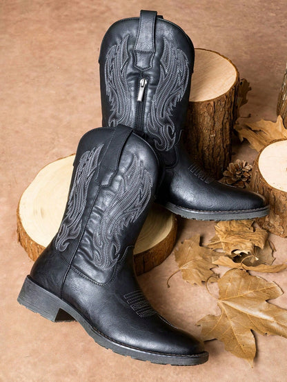 VOSTEY SHOESMORE Men's Black Cowboy Boots Retro Square Toe Boots Botas Vaqueras Para Hombre Embroidery Western Boots For Men