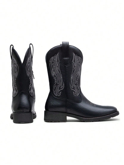 VOSTEY SHOESMORE Men's Black Cowboy Boots Retro Square Toe Boots Botas Vaqueras Para Hombre Embroidery Western Boots For Men