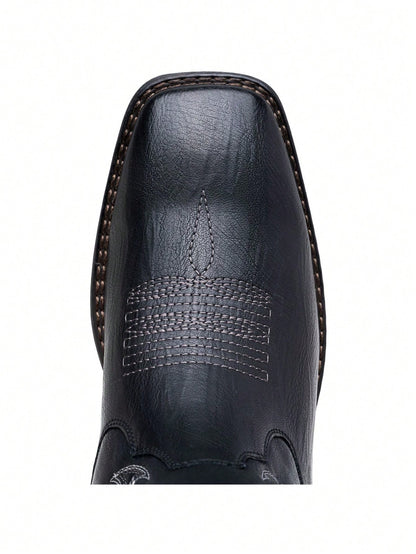 VOSTEY SHOESMORE Men's Black Cowboy Boots Retro Square Toe Boots Botas Vaqueras Para Hombre Embroidery Western Boots For Men