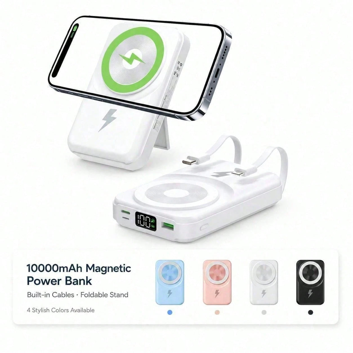 White 10000mAh Wireless Portable Charger With Magnetic Alignment And 22.5W Fast Charge, Featuring An LED Charge Indicator, Compact White Case And Rear Support For Desk Viewing, Compatible With IPhone