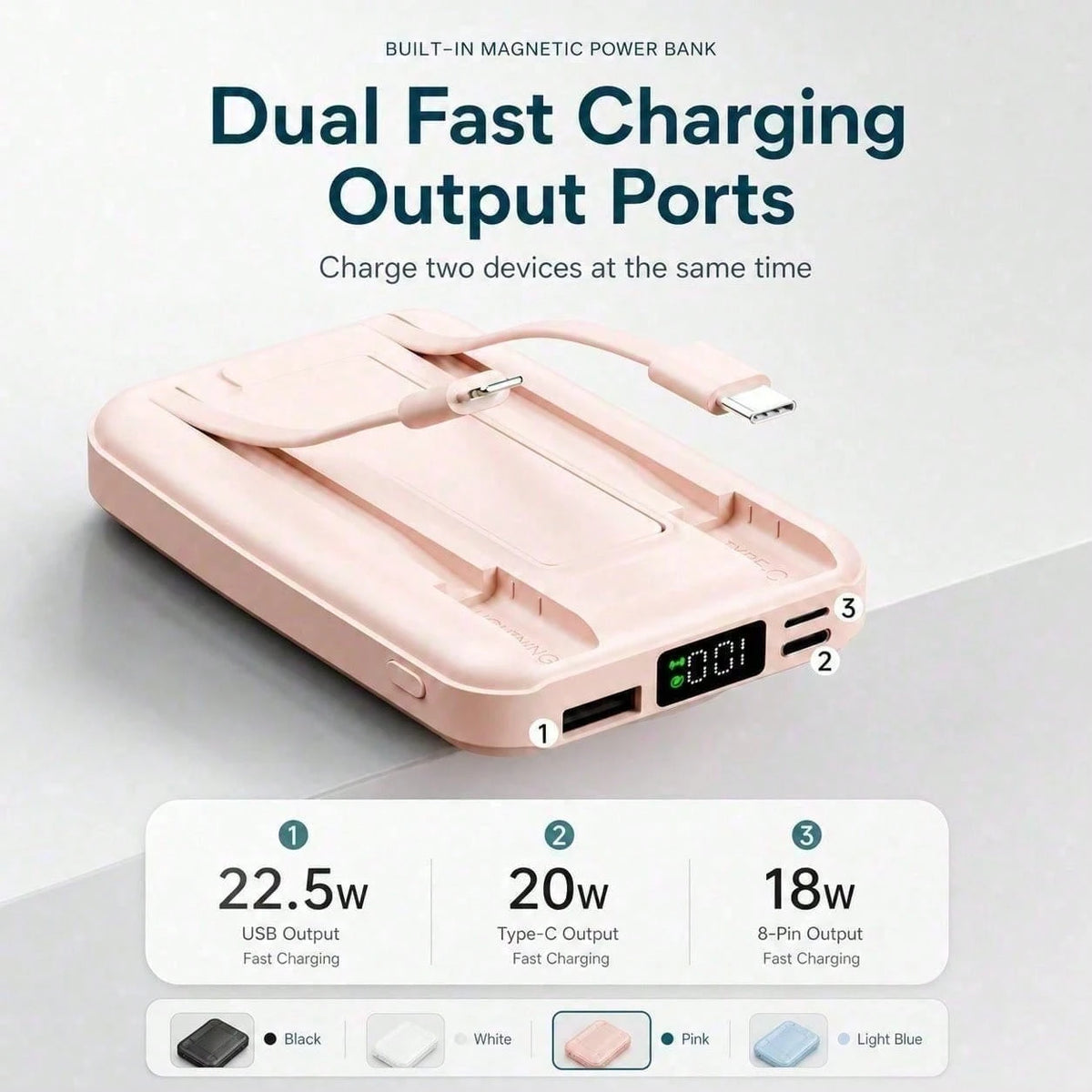 White 10000mAh Wireless Portable Charger With Magnetic Alignment And 22.5W Fast Charge, Featuring An LED Charge Indicator, Compact White Case And Rear Support For Desk Viewing, Compatible With IPhone