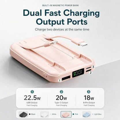 White 10000mAh Wireless Portable Charger With Magnetic Alignment And 22.5W Fast Charge, Featuring An LED Charge Indicator, Compact White Case And Rear Support For Desk Viewing, Compatible With IPhone