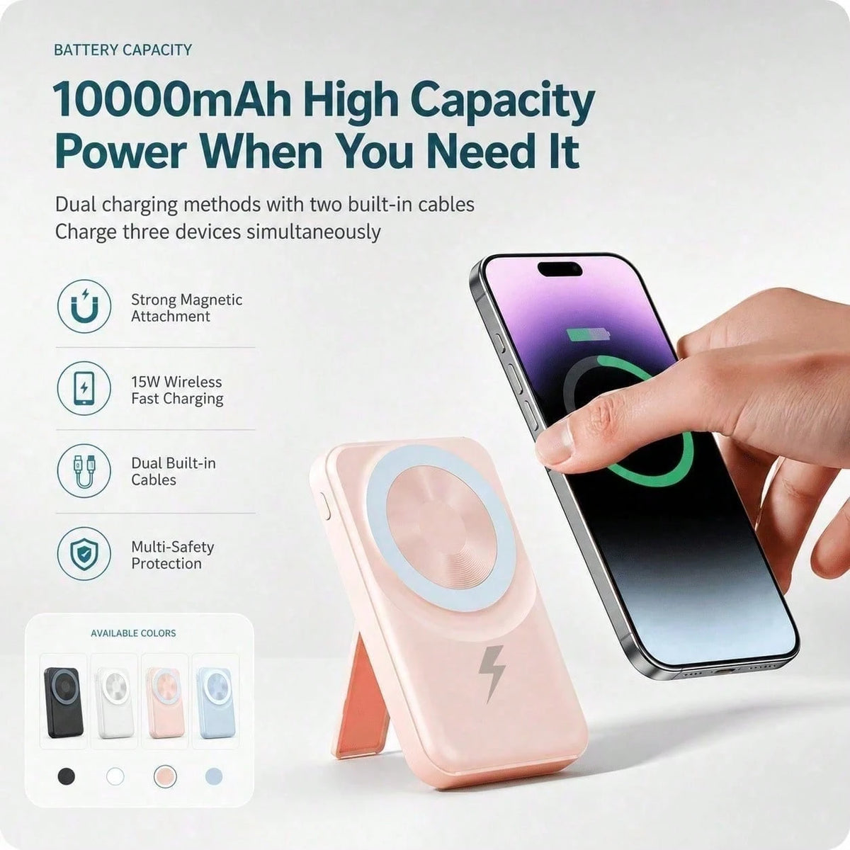 White 10000mAh Wireless Portable Charger With Magnetic Alignment And 22.5W Fast Charge, Featuring An LED Charge Indicator, Compact White Case And Rear Support For Desk Viewing, Compatible With IPhone