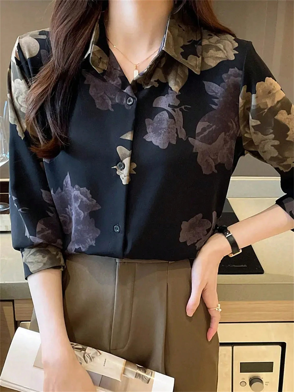 Women Floral Print Casual Long Sleeve Blouse,Long Sleeve Tops Vacation Spring Black