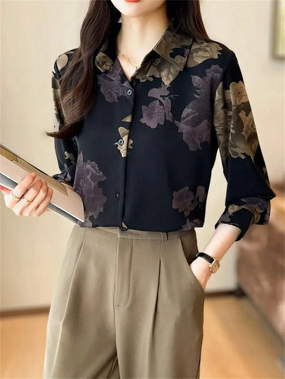 Women Floral Print Casual Long Sleeve Blouse,Long Sleeve Tops Vacation Spring Black