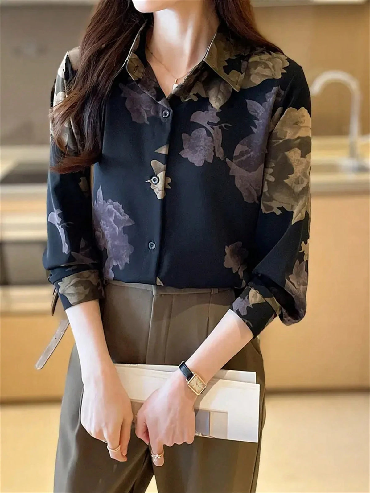 Women Floral Print Casual Long Sleeve Blouse,Long Sleeve Tops Vacation Spring Black