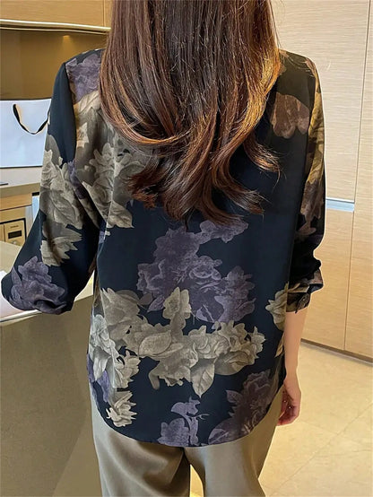 Women Floral Print Casual Long Sleeve Blouse,Long Sleeve Tops Vacation Spring Black