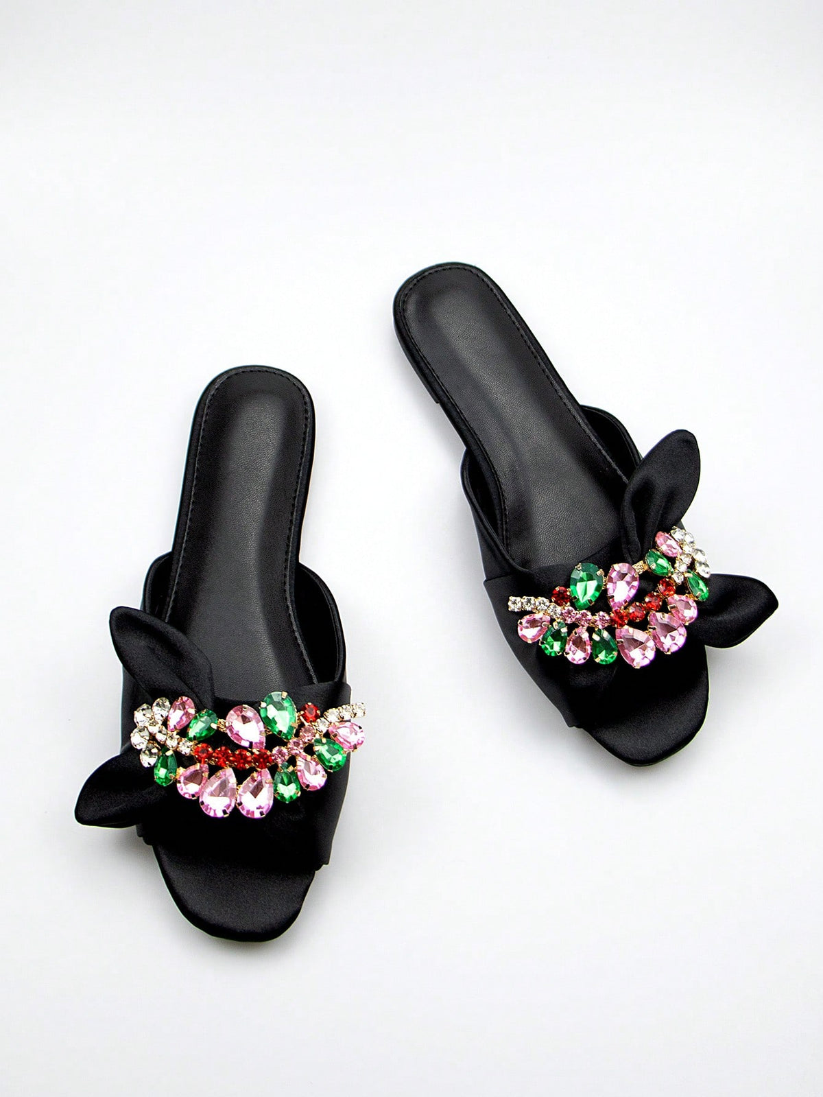 Women Rhinestone & Bow Decor Slide Sandals, Glamorous Sandals,Spring Summer Outfits