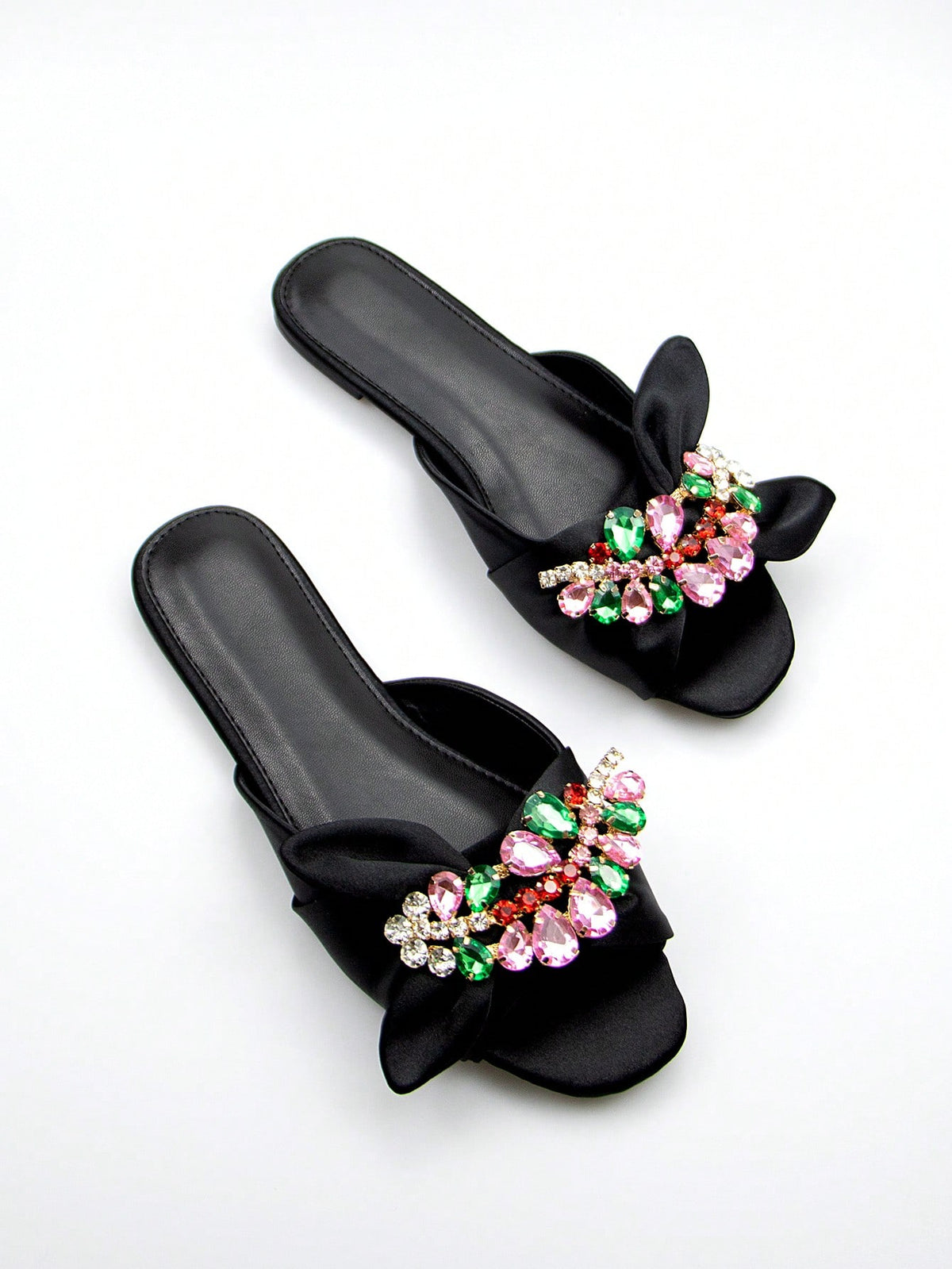 Women Rhinestone & Bow Decor Slide Sandals, Glamorous Sandals,Spring Summer Outfits