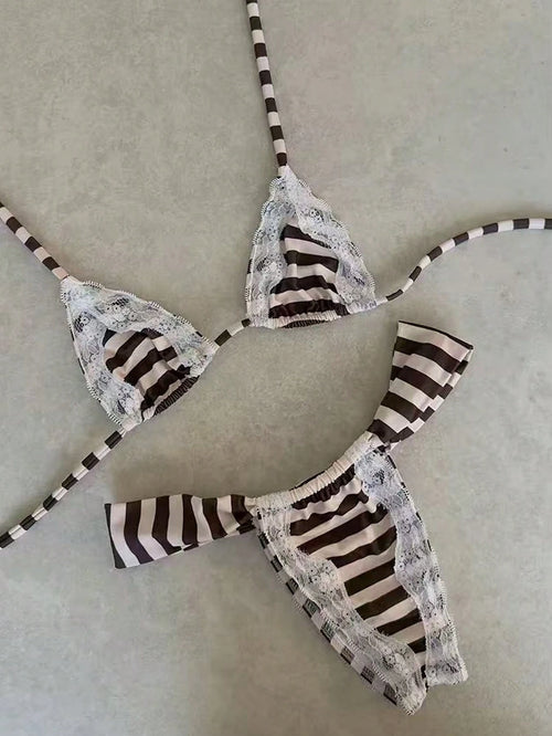 Women's Brown & White Striped Lace Trim Halter Neck Bikini Set, 2-Piece Minimalist Sexy Style Vacation Swimsuit, 2026 Spring/Summer Beach Style