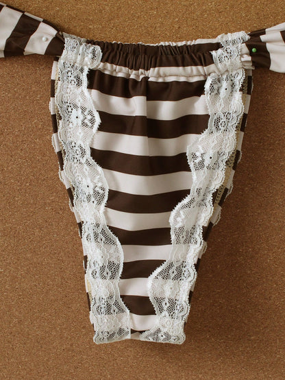 Women's Brown & White Striped Lace Trim Halter Neck Bikini Set, 2-Piece Minimalist Sexy Style Vacation Swimsuit, 2026 Spring/Summer Beach Style