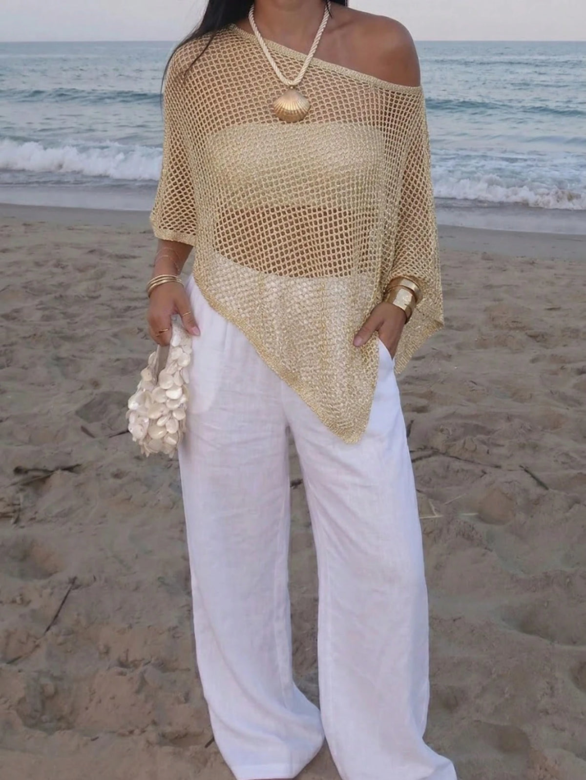 Women's Casual Sexy Shiny Lightweight Textured Solid Color Hollow Knit Short Cape Batwing Sleeve Top, Summer Vacation Beach Cover-Up