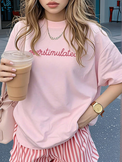 Women's Casual Short Sleeve Round Neck T-Shirt- Printed Pattern, Soft & Comfortable Fabric, Machine Washable, Summer Top Pink
