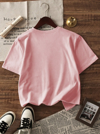 Women's Casual Short Sleeve Round Neck T-Shirt- Printed Pattern, Soft & Comfortable Fabric, Machine Washable, Summer Top Pink