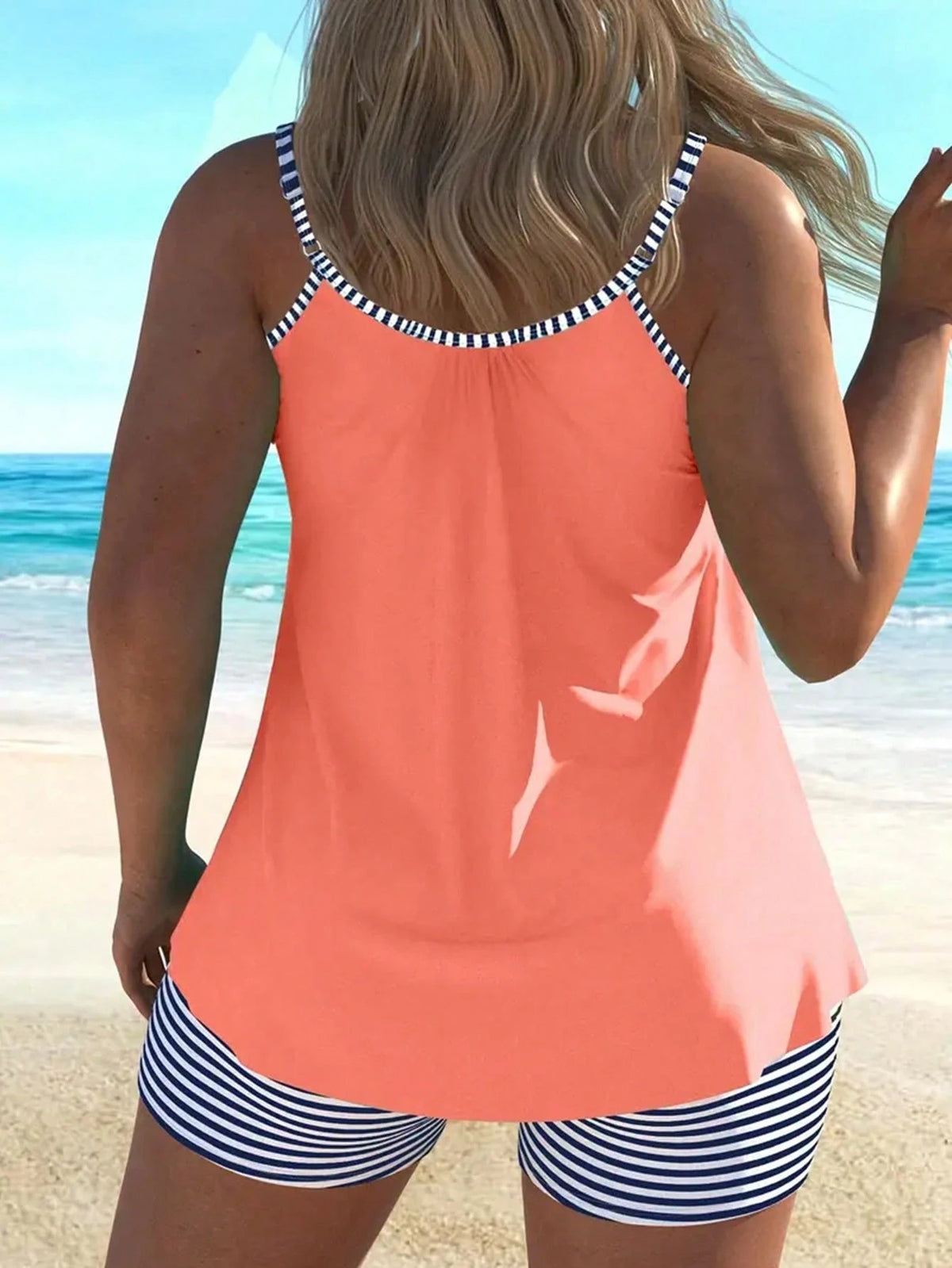 Women's Casual Spaghetti Strap Tankini Top With Striped Knot Detail, High Stretch Swimsuit For Beach & Pool, Bathing Suit Style