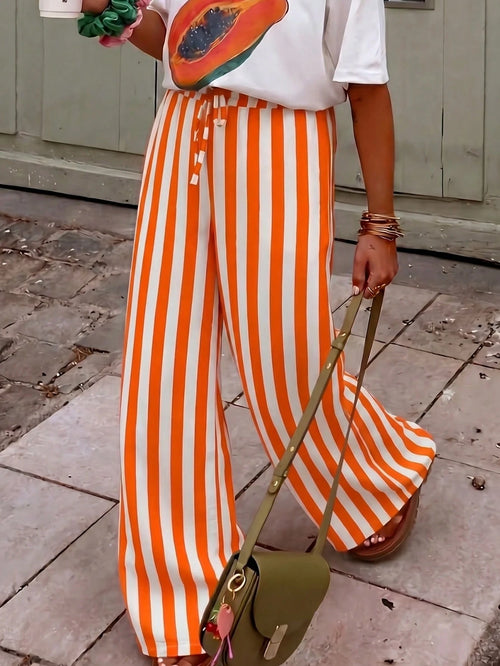 Women's Casual Striped Straight Leg Loose Pants, Suitable For Summer Holiday And Daily Wear Vacation