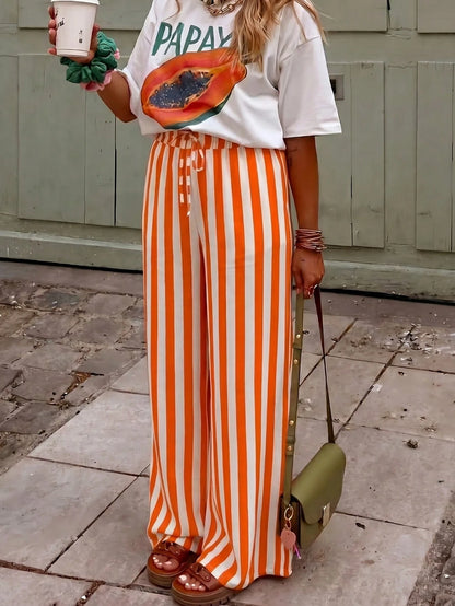 Women's Casual Striped Straight Leg Loose Pants, Suitable For Summer Holiday And Daily Wear Vacation