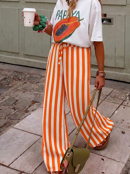 Women's Casual Striped Straight Leg Loose Pants, Suitable For Summer Holiday And Daily Wear Vacation