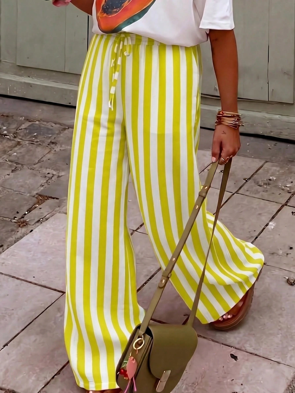 Women's Casual Striped Straight Leg Loose Pants, Suitable For Summer Holiday And Daily Wear Vacation