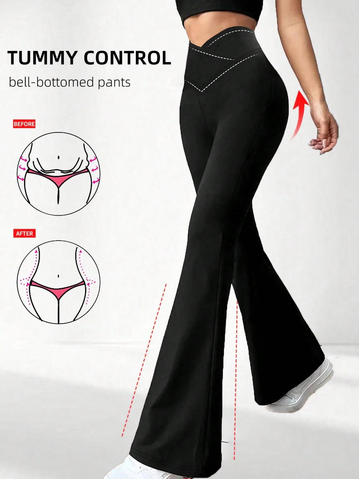 Women's Crossover Waist Flare Pants, Elastic Polyester Solid Color Sports Yoga Pants, Crossover Waist Personalized Casual Long Pants Black, Athleisure