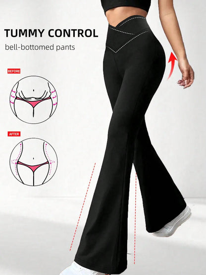 Women's Crossover Waist Flare Pants, Elastic Polyester Solid Color Sports Yoga Pants, Crossover Waist Personalized Casual Long Pants Black, Athleisure
